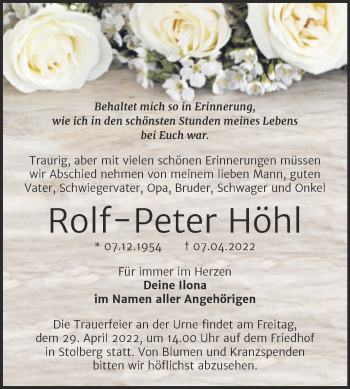 Traueranzeige von Rolf-Peter Höhl von Trauerkombi Sangerhausen