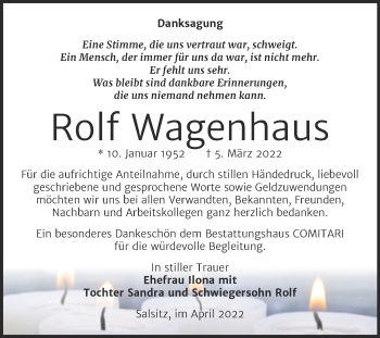 Traueranzeige von Rolf Wagenhaus von Trauerkombi Zeitz