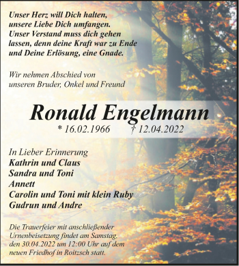 Traueranzeige von Ronald Engelmann von Trauerkombi Bitterfeld