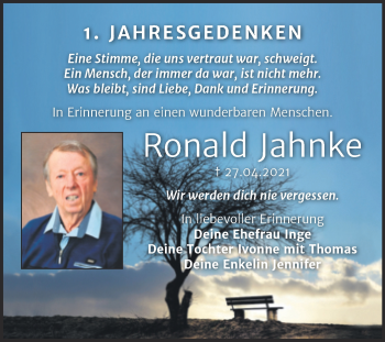 Traueranzeige von Ronald Jahnke von Trauerkombi Bitterfeld