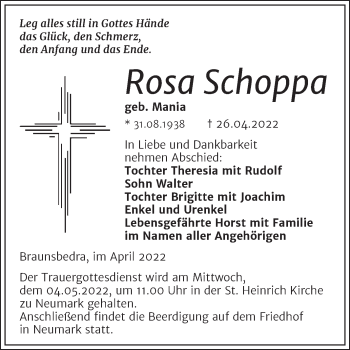 Traueranzeige von Rosa Schoppa von Trauerkombi Merseburg