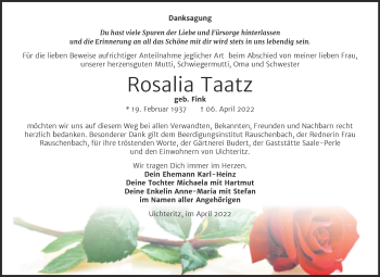 Traueranzeige von Rosalia Taatz von Trauerkombi Weißenfels