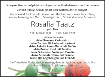 Traueranzeige von Rosalia Taatz von Trauerkombi Weißenfels