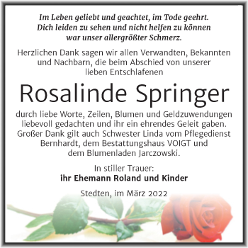 Traueranzeige von Rosalinde Springer von Trauerkombi Mansfelder Land