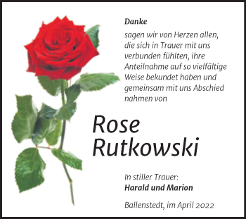 Traueranzeige von Rose Rutkowski von Trauerkombi Quedlinburg