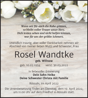 Traueranzeige von Rosel Wandtke von Trauerkombi Weißenfels