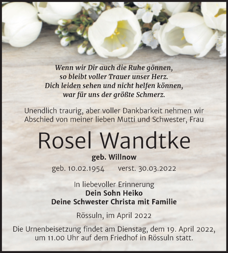  Traueranzeige für Rosel Wandtke vom 09.04.2022 aus Trauerkombi Weißenfels