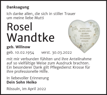 Traueranzeige von Rosel Wandtke von Trauerkombi Weißenfels