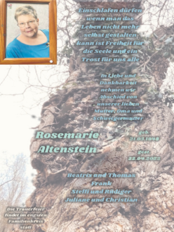 Traueranzeige von Rosemarie Altensein von Trauerkombi Bernburg