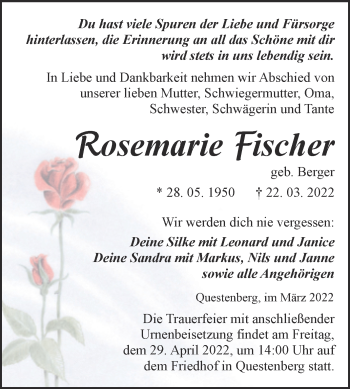 Traueranzeige von Rosemarie Fischer von Trauerkombi Sangerhausen
