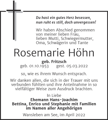 Traueranzeige von Rosemarie Höhn von Mitteldeutsche Zeitung Mansfelder Land