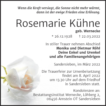 Traueranzeige von Rosemarie Kühne von Trauerkombi Mansfelder Land