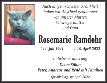 Traueranzeige von Rosemarie Ramdohr von Trauerkombi Quedlinburg