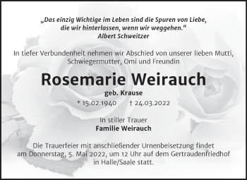 Traueranzeige von Rosemarie Weirauch von Mitteldeutsche Zeitung Halle/Saalkreis