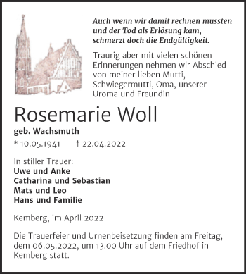 Traueranzeige von Rosemarie Woll von Trauerkombi Wittenberg