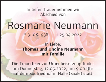 Traueranzeige von Rosmarie Neumann von Mitteldeutsche Zeitung Halle/Saalkreis