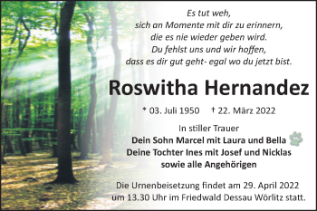 Traueranzeige von Roswitha Hernandez von Trauerkombi Bitterfeld