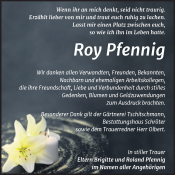 Traueranzeige von Roy Pfennig von Trauerkombi Bitterfeld