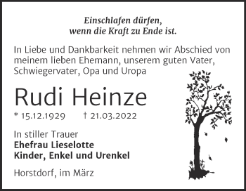 Traueranzeige von Rudi Heinze von Trauerkombi Wittenberg
