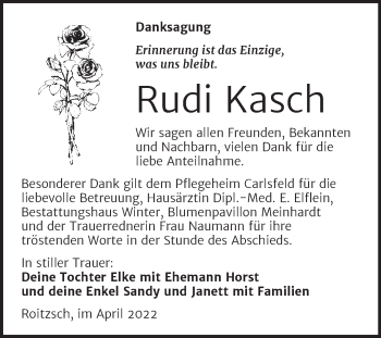 Traueranzeige von Rudi Kasch von Trauerkombi Bitterfeld