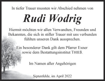 Traueranzeige von Rudi Wodrig von Trauerkombi Quedlinburg