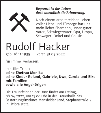 Traueranzeige von Rudolf Hacker von Trauerkombi Mansfelder Land