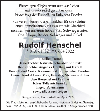 Traueranzeige von Rudolf Henschel von Trauerkombi Sangerhausen