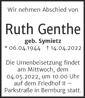 Traueranzeige von Ruth Genthe von Trauerkombi Bernburg