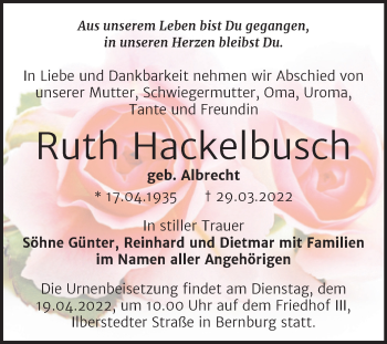 Traueranzeige von Ruth Hackelbusch von Trauerkombi Bernburg