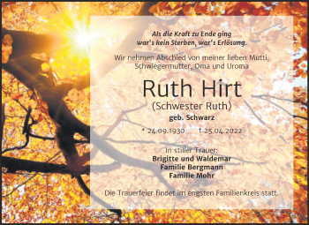 Traueranzeige von Ruth Hirt von Super Sonntag Quedlingburg