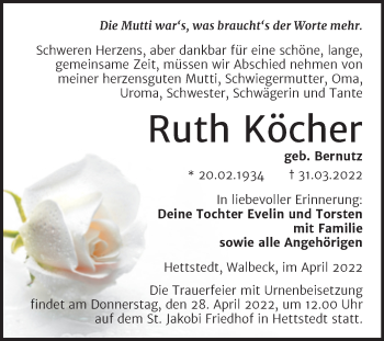 Traueranzeige von Ruth Köcher von Trauerkombi Mansfelder Land