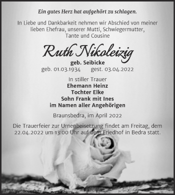 Traueranzeige von Ruth Nikoleizig von Trauerkombi Merseburg