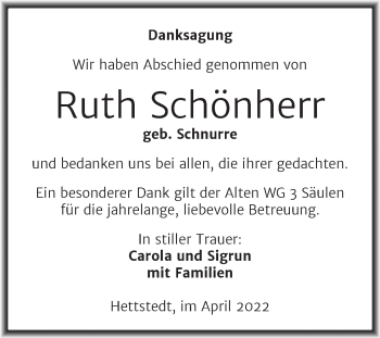 Traueranzeige von Ruth Schönherr von Trauerkombi Mansfelder Land