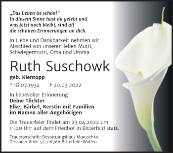 Traueranzeige von Ruth Suschowk von Trauerkombi Bitterfeld