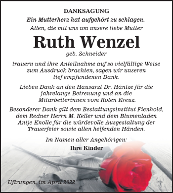 Traueranzeige von Ruth Wenzel von Trauerkombi Sangerhausen