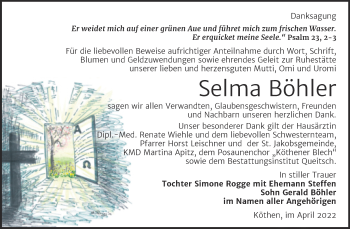 Traueranzeige von Selma Böhler von Trauerkombi Köthen