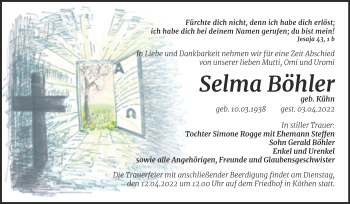 Traueranzeige von Selma Böhler von Trauerkombi Köthen