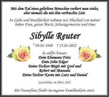 Traueranzeige von Sibylle Reuter von Trauerkombi Aschersleben