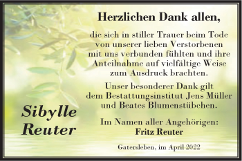 Traueranzeige von Sibylle Reuter von Trauerkombi Aschersleben