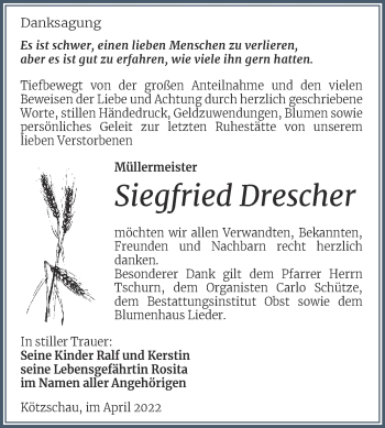 Traueranzeige von Siegfried Drescher von Trauerkombi Merseburg