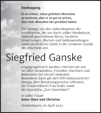 Traueranzeige von Siegfried Ganske von Trauerkombi Wittenberg