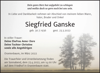 Traueranzeige von Siegfried Ganske von Trauerkombi Wittenberg