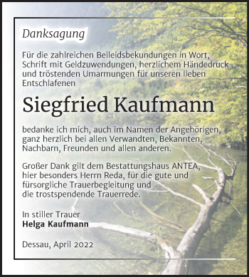 Traueranzeige von Siegfried Kaufmann von Trauerkombi Dessau