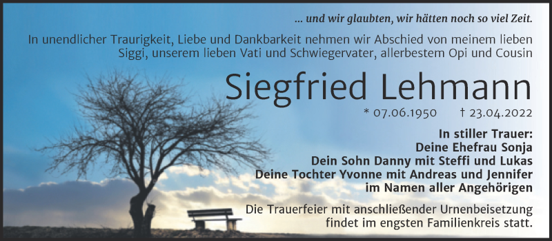 Traueranzeige für Siegfried Lehmann vom 30.04.2022 aus Trauerkombi Bitterfeld