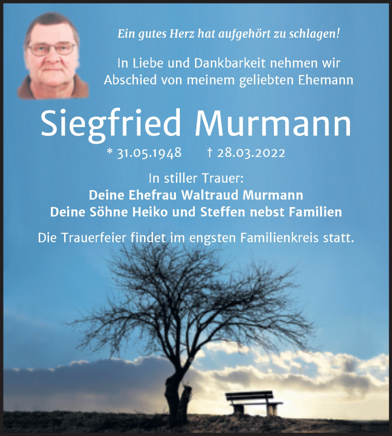  Traueranzeige für Siegfried Murmann vom 09.04.2022 aus Trauerkombi Weißenfels