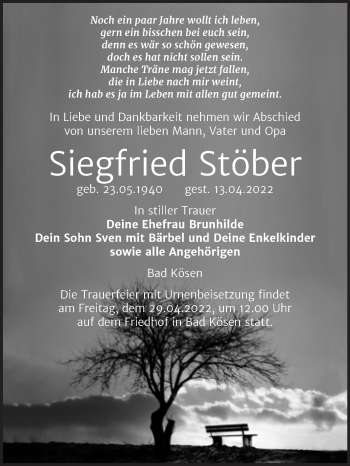 Traueranzeige von Siegfried Stöber von Wochenspiegel Naumburg/Nebra