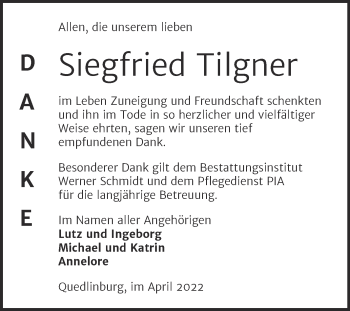 Traueranzeige von Siegfried Tilgner von Trauerkombi Quedlinburg
