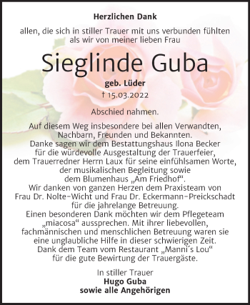 Traueranzeige von Sieglinde Guba von Trauerkombi Sangerhausen