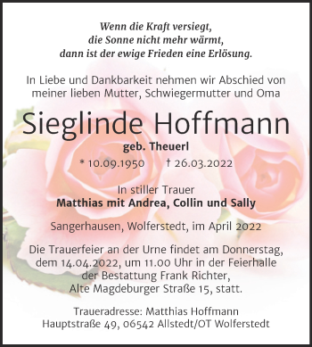 Traueranzeige von Sieglinde Hoffmann von Trauerkombi Sangerhausen