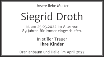 Traueranzeige von Siegrid Droth von Trauerkombi Wittenberg
